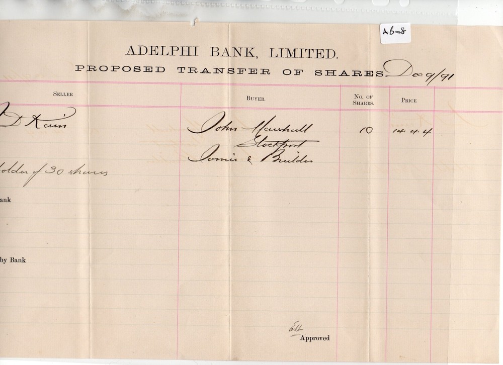 Adelphi Bank - (AB08) proposed  share transfer -  Dec. 1891-image