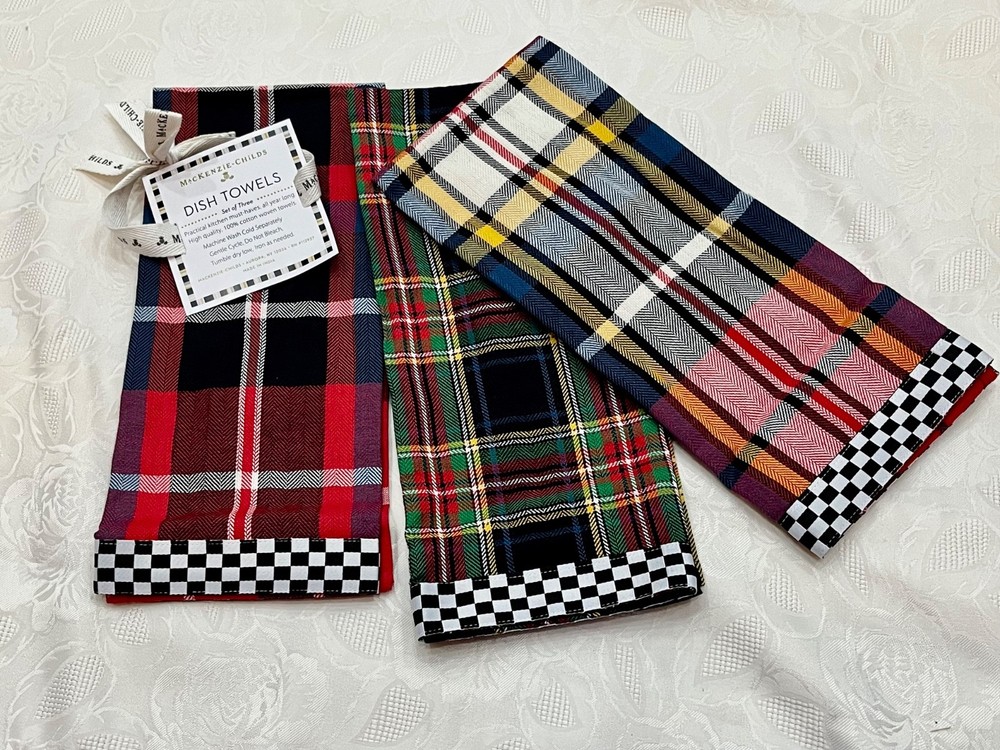 MacKenzie Childs TARTAN Dish Towels *Set of 3* Woven Cotton Check Border,  NEW