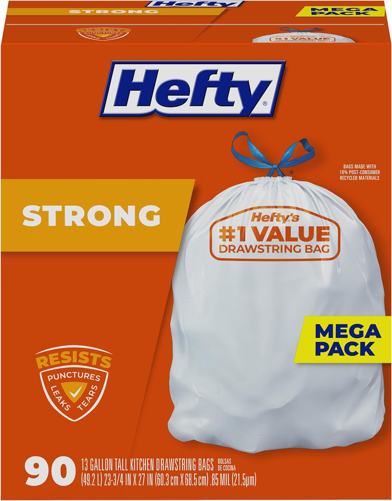13-Gallon Strong Tall Kitchen Trash Bags, Unscented, 90 Count