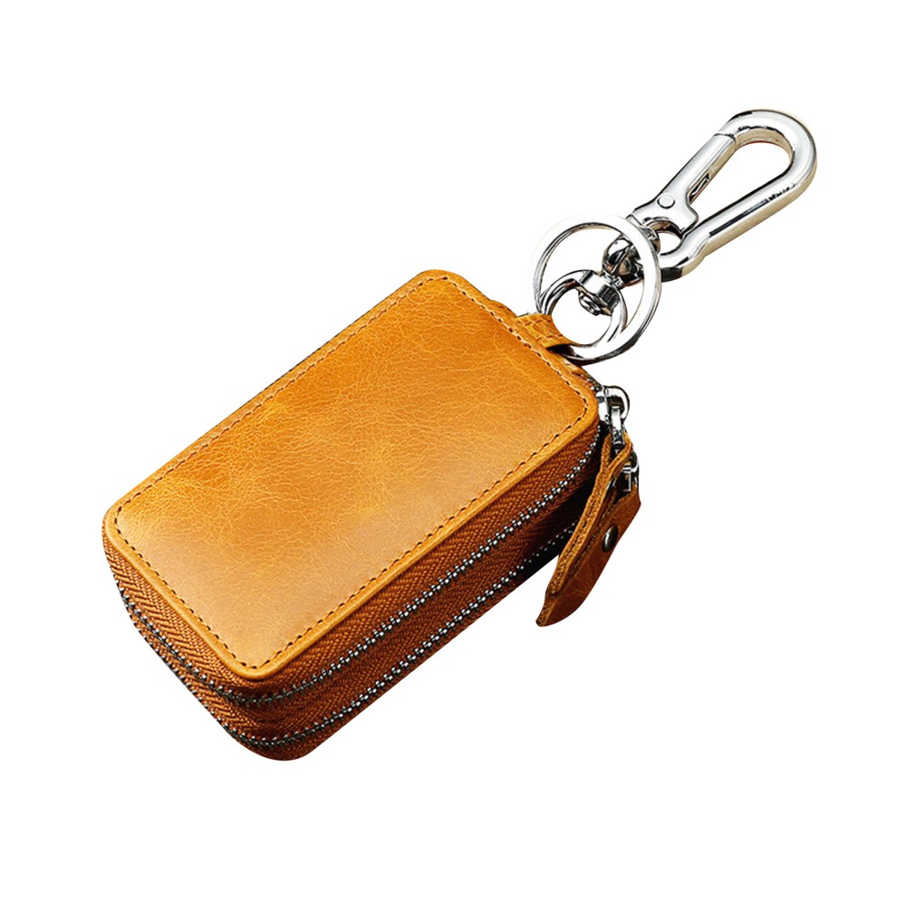 Double Layer Genuine Leather Car Key Case with Zipper Pouch
