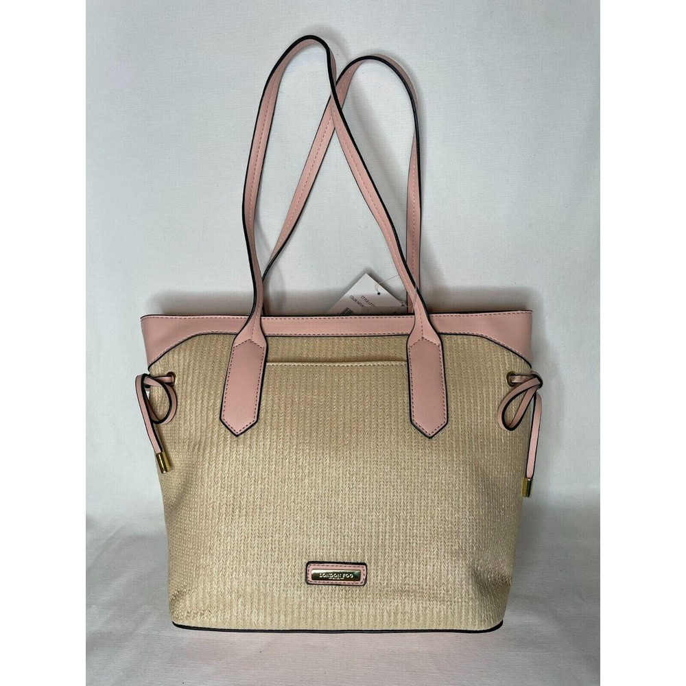 London Fog Natural Straw Blush Middleton Shopper Tote Purse Handbag Zip Top NEW