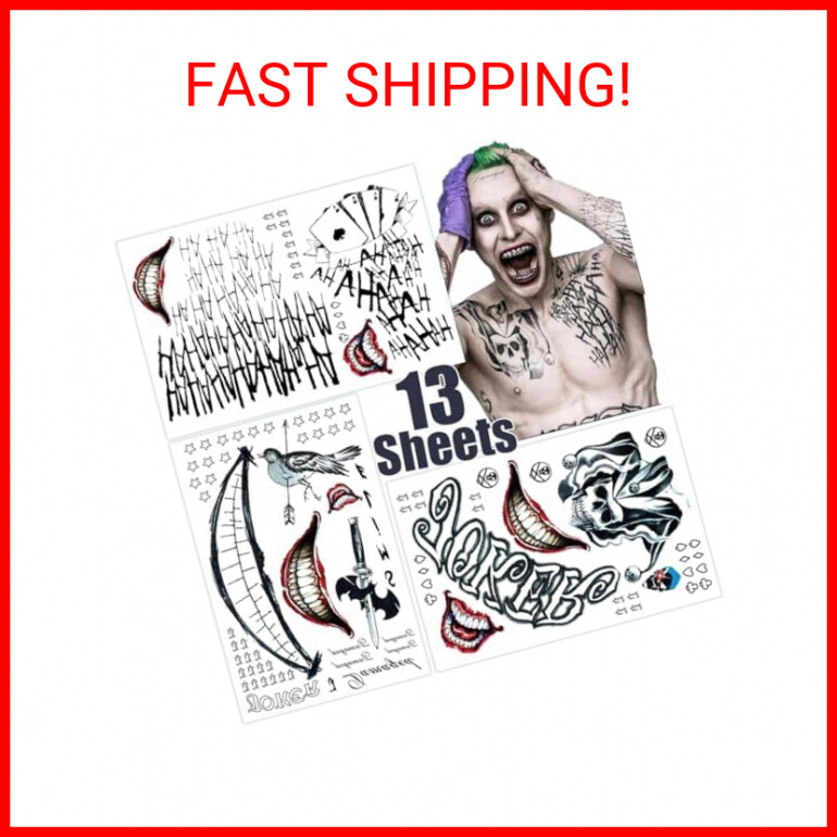 Joker Tattoos 13 Sheets,Halloween Temporary Tattoos for Men,Suicide Squad Fake T