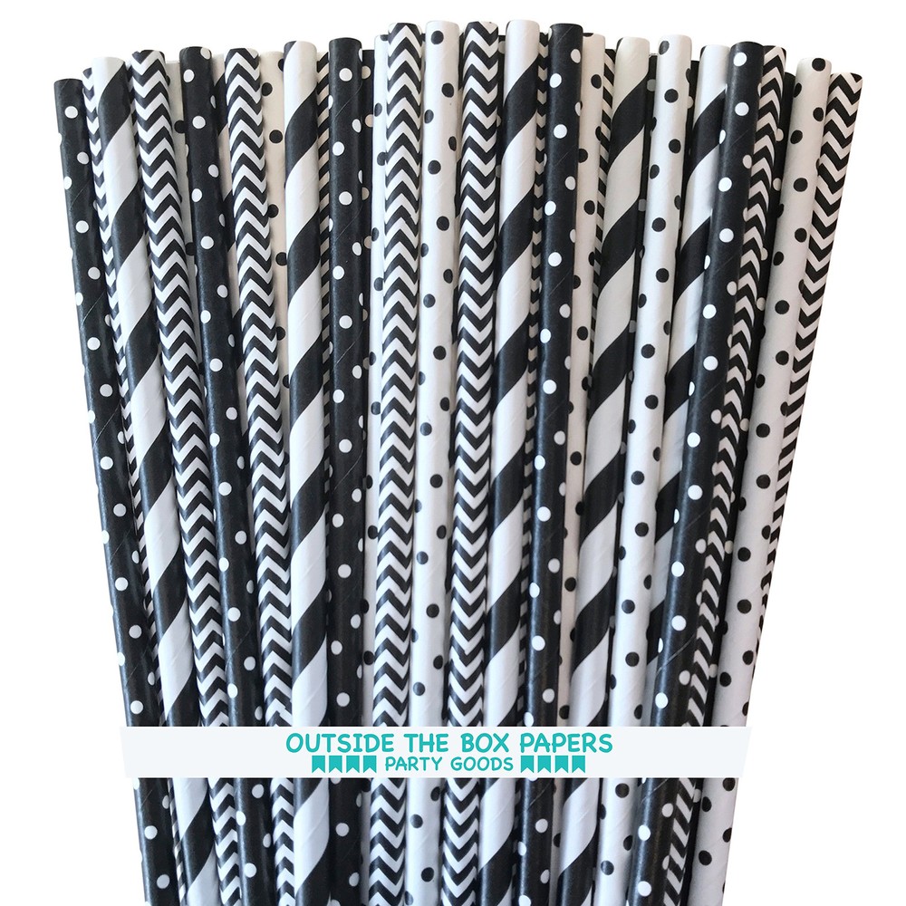 Black and White Stripe and Polka Dot Paper Drinking Straws 7.75 Inches 100 Pa...