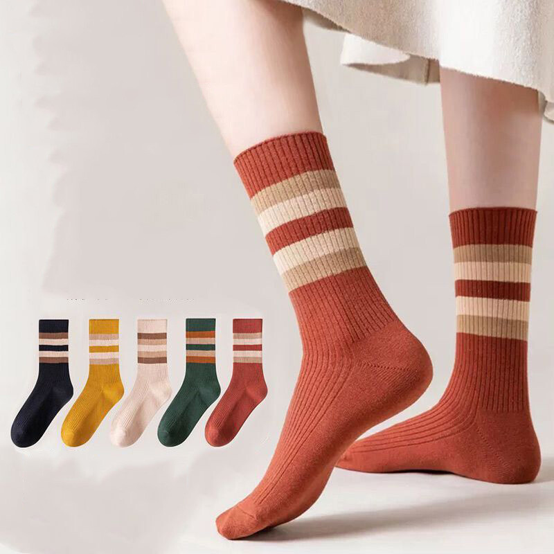 Women Ladies Cotton Warm Knit Thermal Socks Retro Striped Sport Socks