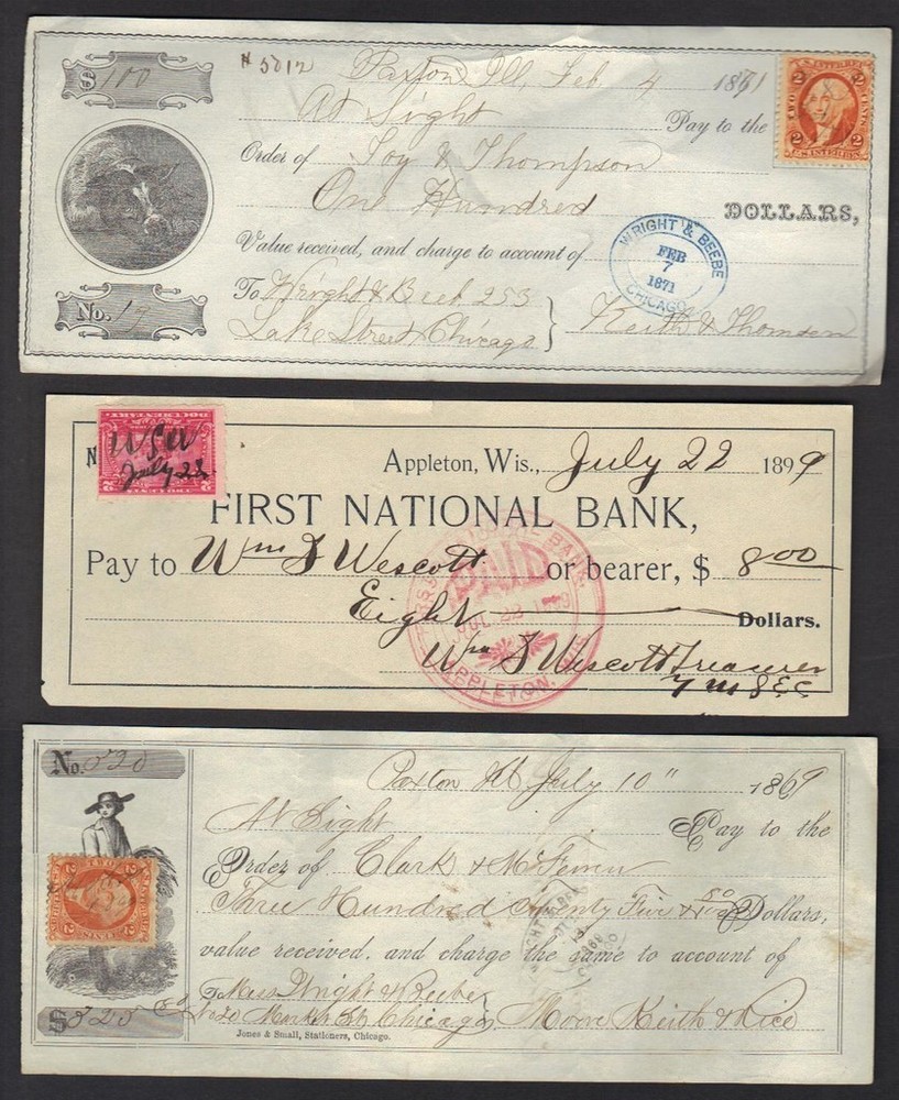 US 1860-90s COLL OF 6 CHECKS WITH REVENUES & ART CACHETS INC 2 FROM 1st NATIONAL