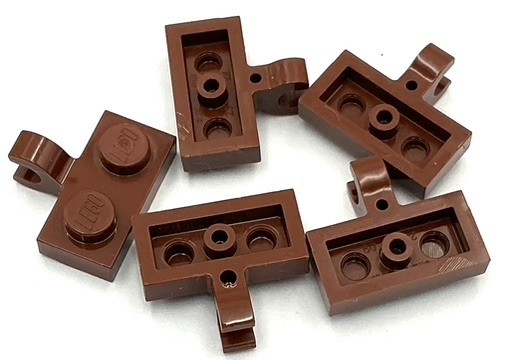 Lego 5 New Reddish Brown Plates Modified 1 x 2 Clip on Side Horizontal Parts