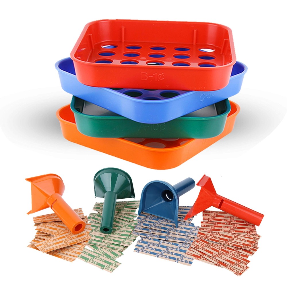 Coin Counters Tubes & Coin Sorters Tray – 4 Color-Coded Coin Sorting Tray and...