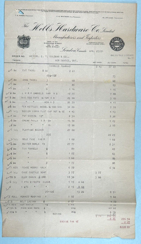 1921 Canada Hardware Invoice Kettles, Washer, Funnels, Cream Pails, Soap Etc.
