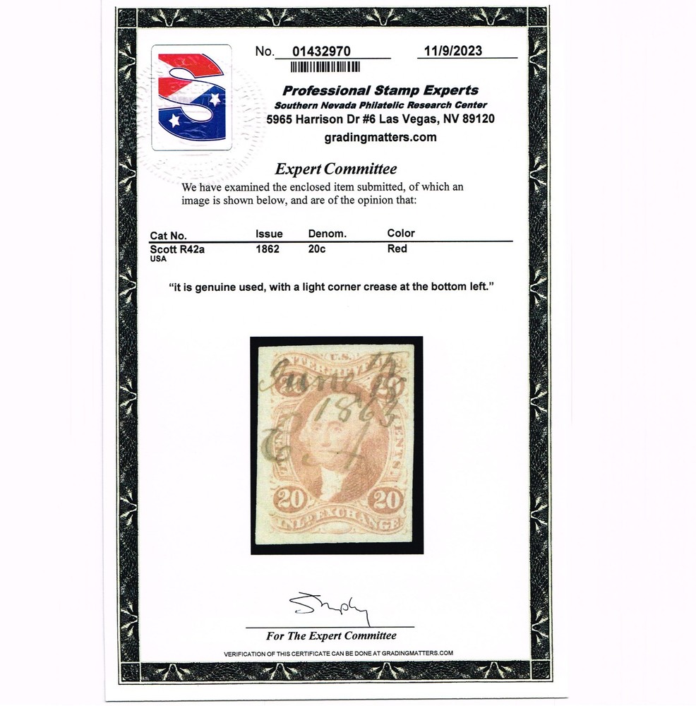 EXCELLENT GENUINE SCOTT #R42a 1862 FIRST ISSUE REVENUE ON OLD PAPER PSE CERT