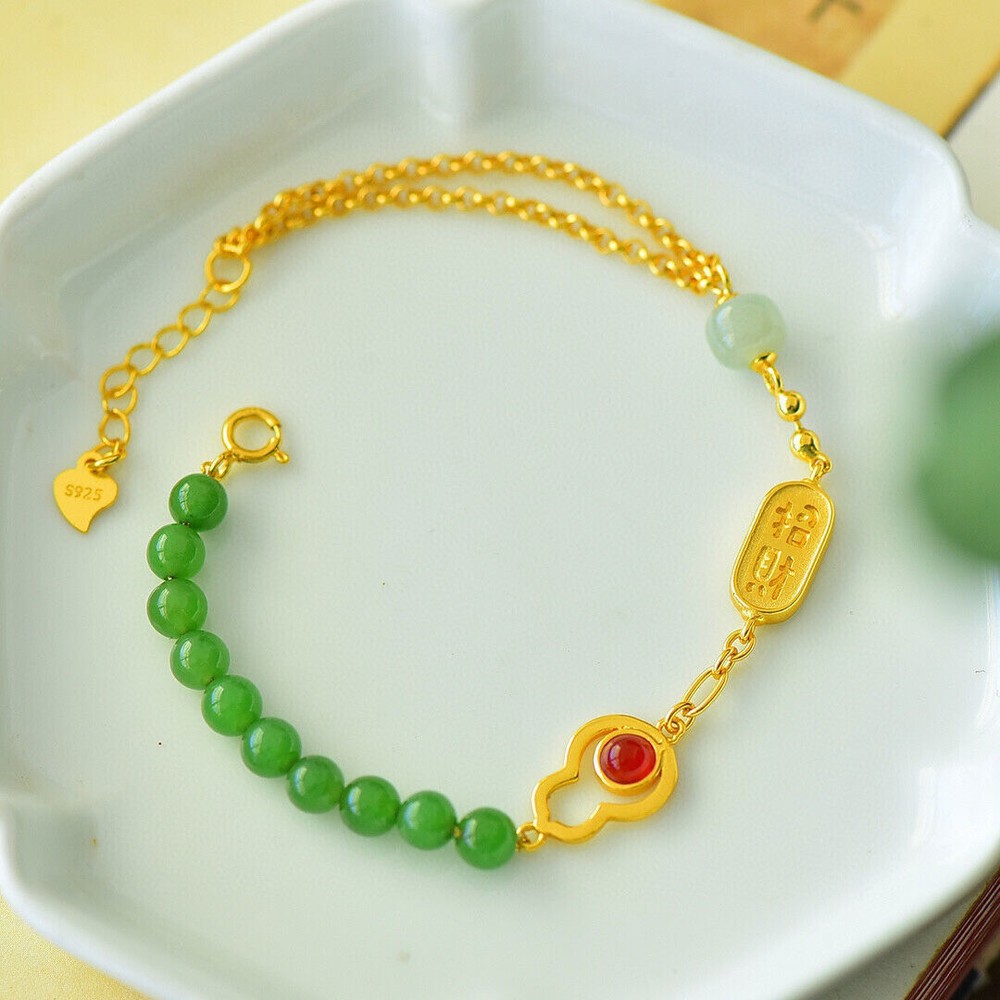 Green Jade Gourd Natural Stone Bracelet with Silver Bangles-image