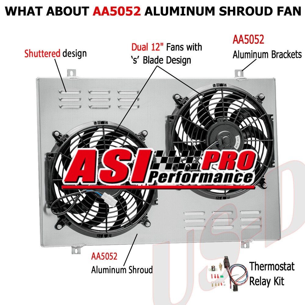 Aluminum Shroud+2x12'' Fan+Relay For 1985-97 Ford F150 F250 F350 1985-92 Bronco