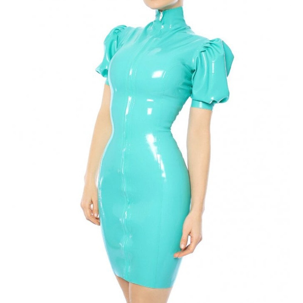 Green Latex Bubble Dress with Front Zip and Short Sleeves for Clubwear-image