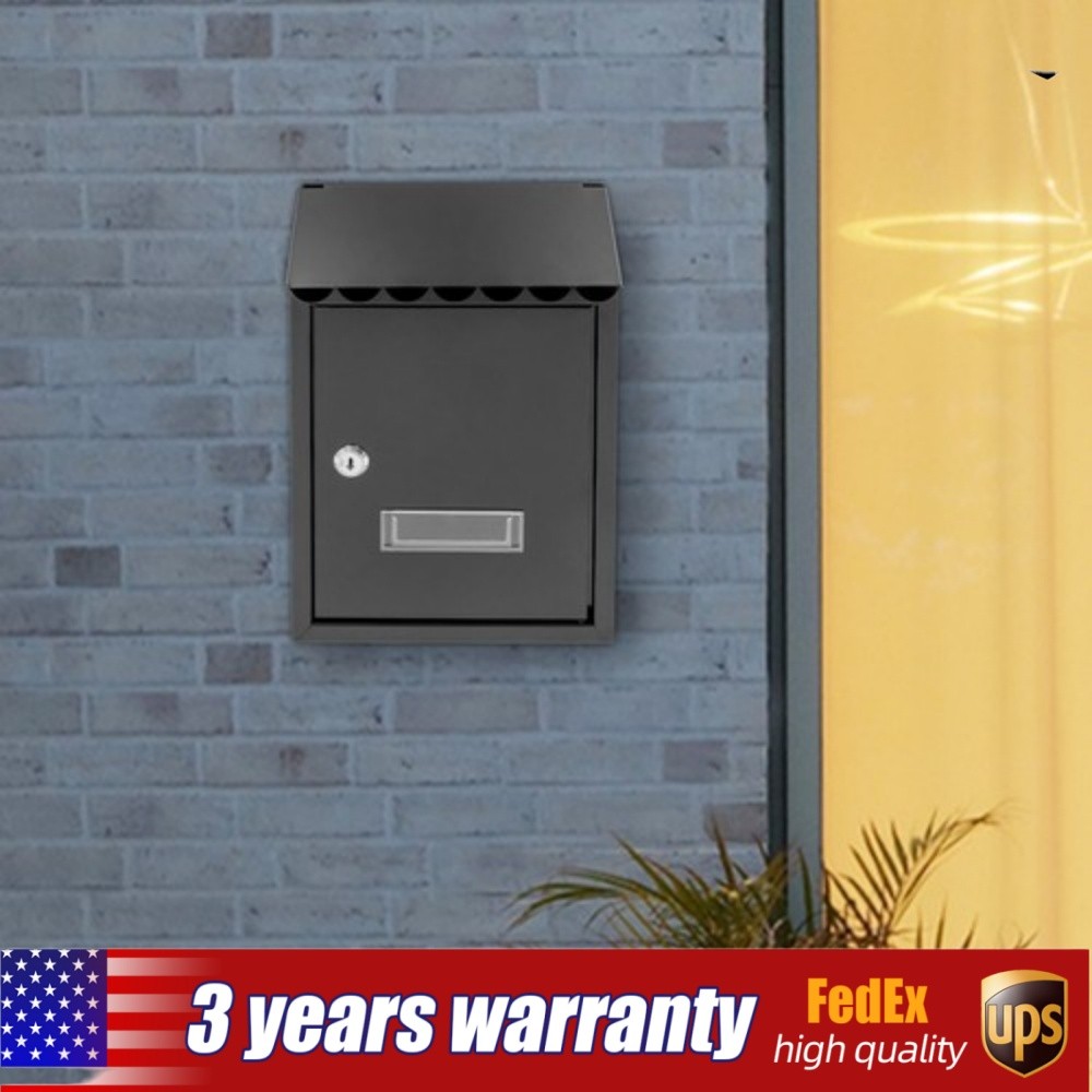 Wall Mount Rectangular Locking Mailbox W/ 2 Keys Black Residential Mail Box   ﻿
