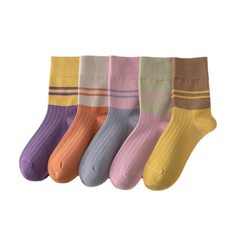 5 Pairs Womens Combed Cotton Socks Lot Colourful Stripe Dresss Socks For Gifts