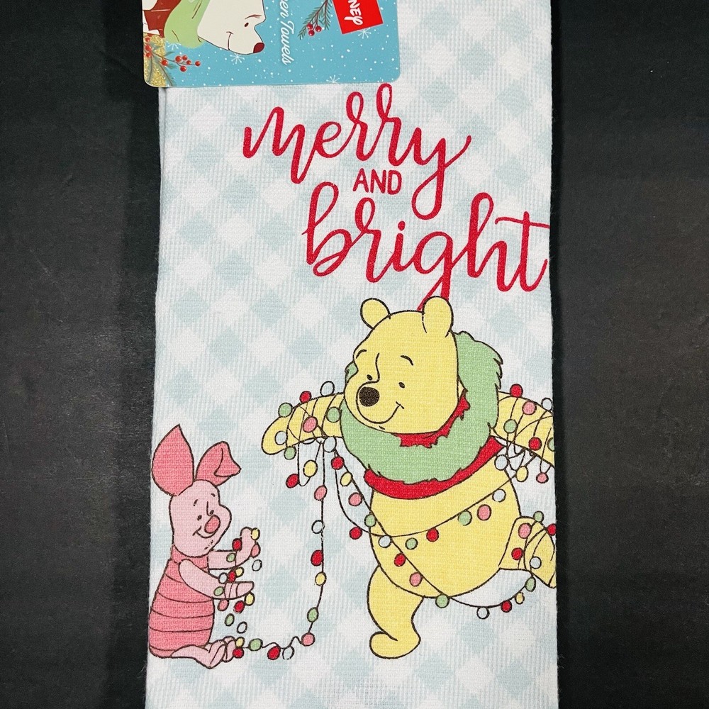 Disney Winnie Pooh 2 Pack Kitchen Hand Towels Christmas Piglet Merry & Bright