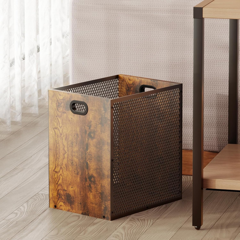 Rectangular Trash Can Retro Wooden Wastebasket Iron Mesh Garbage Can Handles