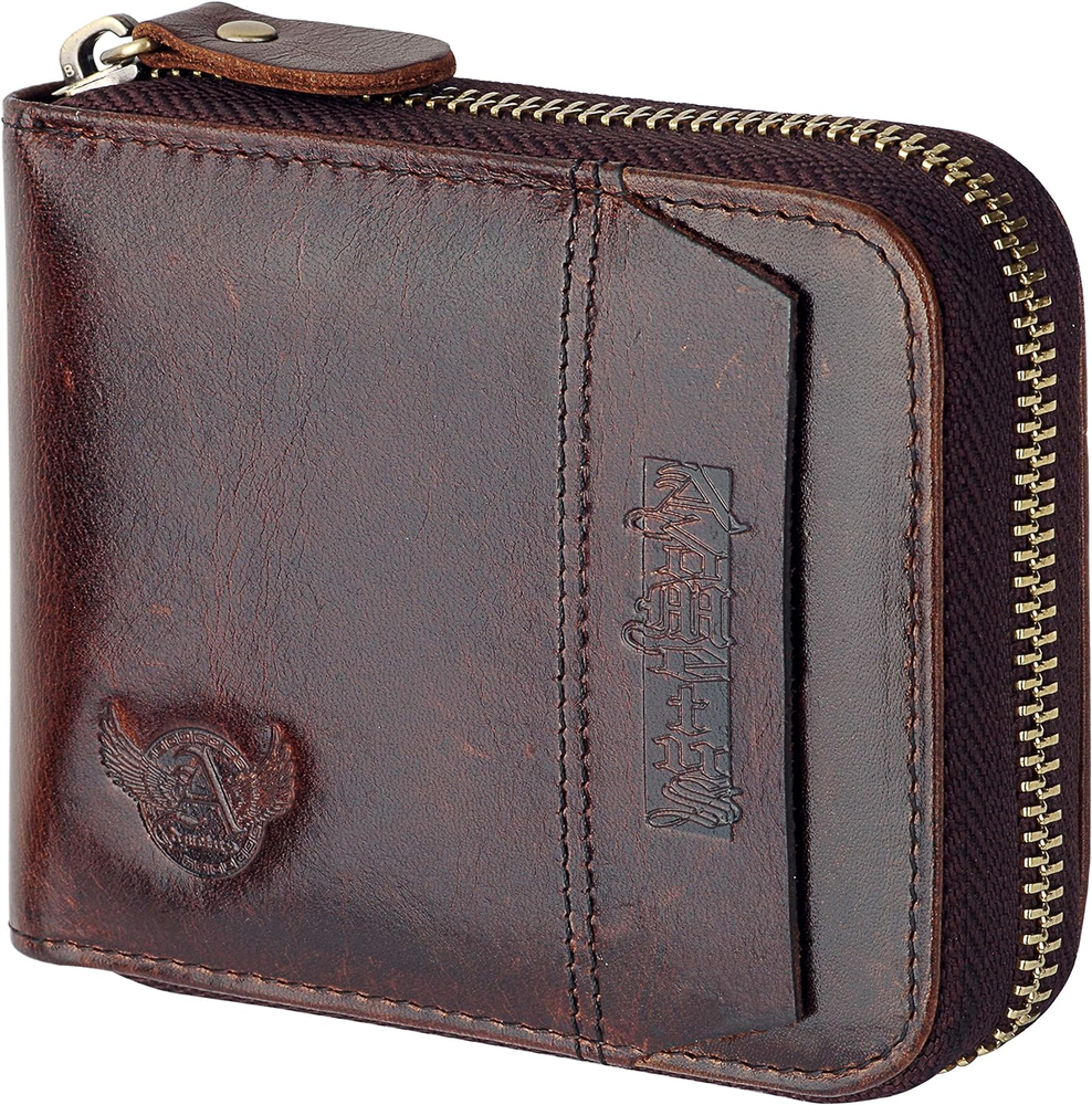 Admetus Mens Genuine Leather Zip Bifold Wallet Short Design