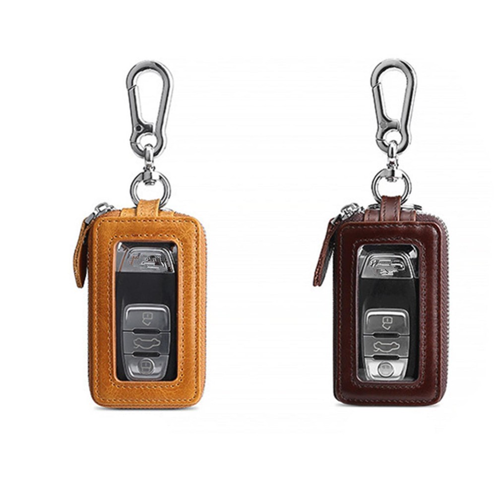 Double Layer Genuine Leather Car Key Case with Zipper Pouch