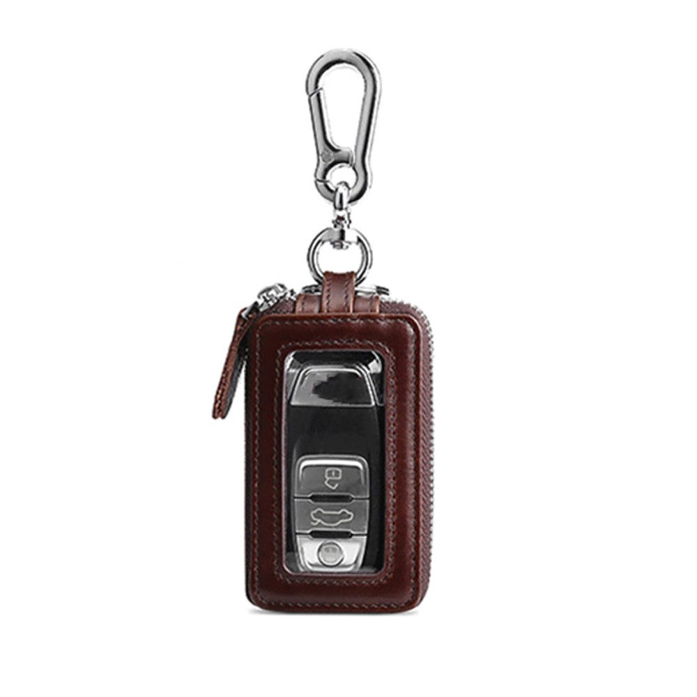 Cartera de cuero genuino con soporte para llavero de coche con doble cremallera