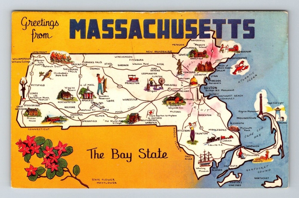 MA-Massachusetts, Scenic Map Greetings, Landmarks, Vintage Postcard