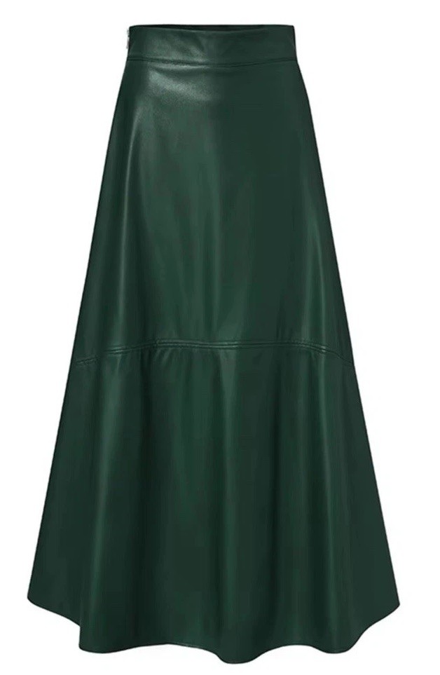 Dark Green Faux Leather Maxi Skirt Size S - Stylish Pleather Design-image
