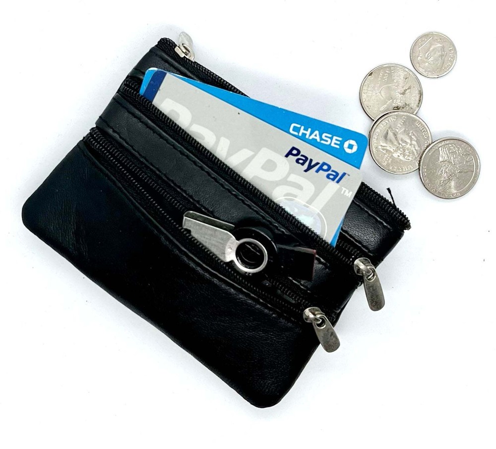 Genuine Leather Compact Coin Purse with ID Credit Card Slot and Keychain Ring  