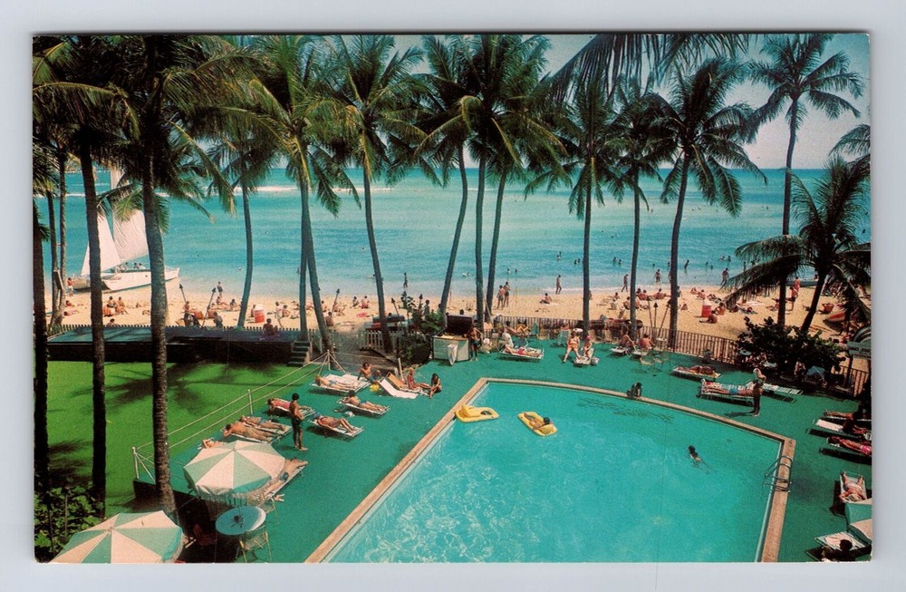 Vintage Honolulu Waikiki Beach Outrigger Hotels Advertising Postcard Hawaii