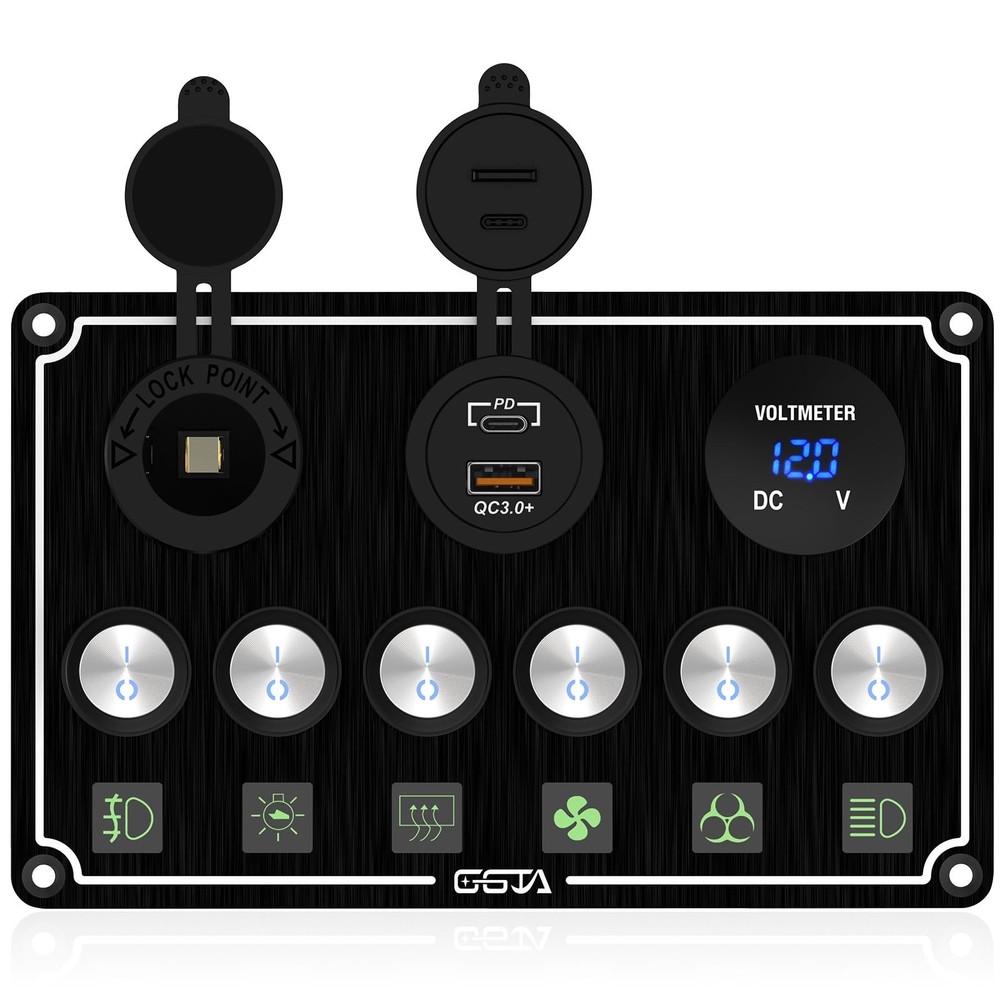 6 Gang Boat Switch Panel Waterproof, Marine Switch Panel with Charger (PD,QC3...