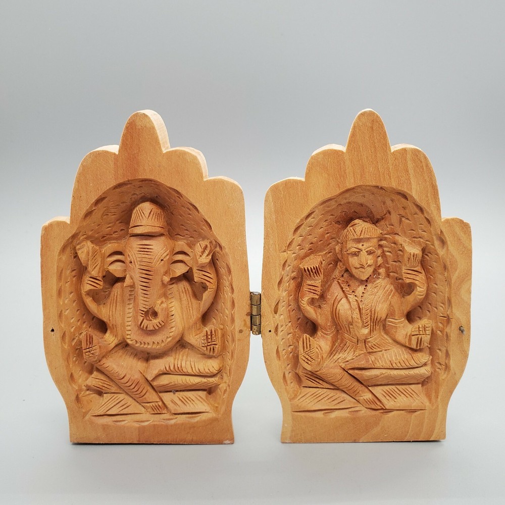 Hand Carved Wooden Laxmi Ganesh Folding Hands Statue • Excellent Condition