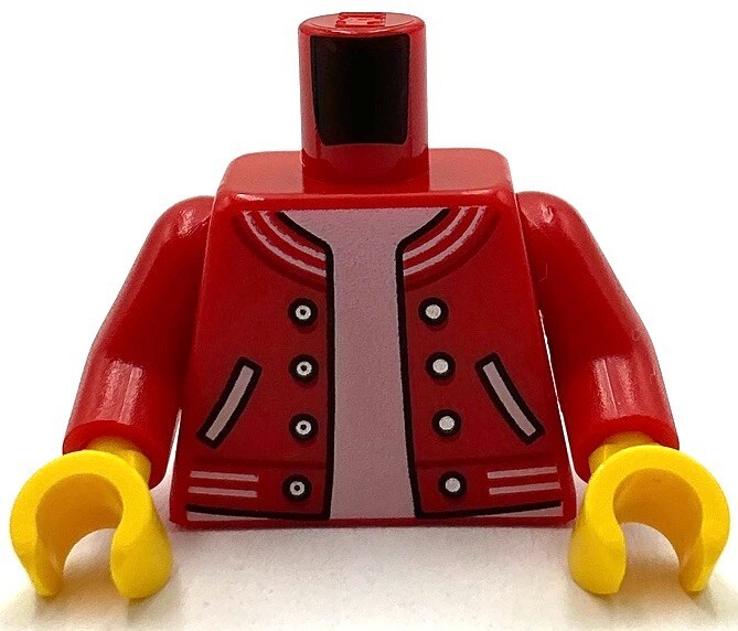 Lego Minifig Red Letterman Jacket with Striped Trim and Silver Buttons