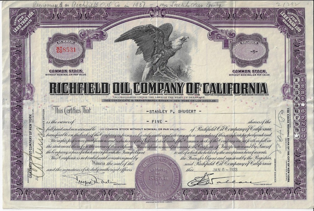 1933, Richfield Oil Company of California Stock Certificate