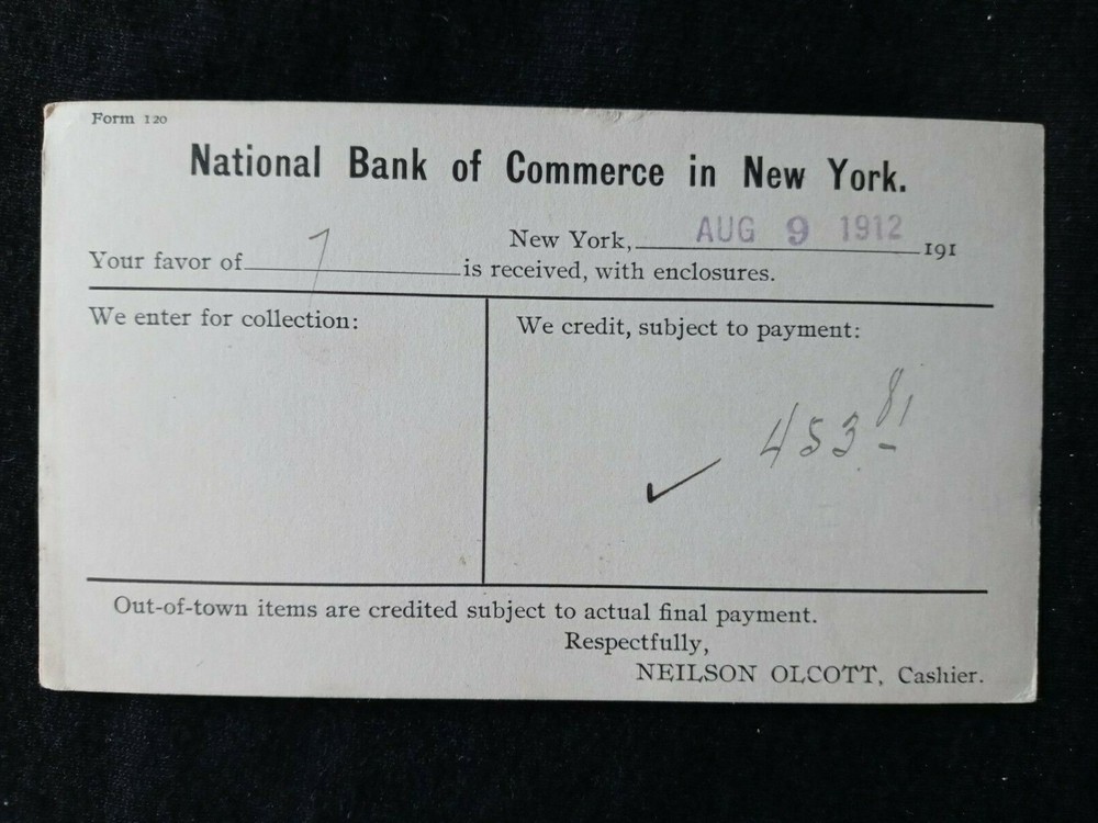 1912 New York NY National Bank of Commerce Payment Notice Postcard-image