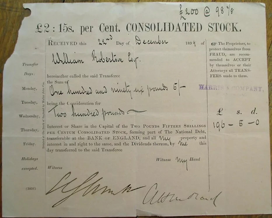 Bank of England 1899 Metropolitan Consolidated Stock Transfer Vintage Certificate-image