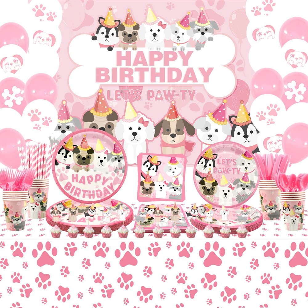 ケファン犬のパーティー用品ピンクの犬の足の誕生日用食器パーティーの装飾...