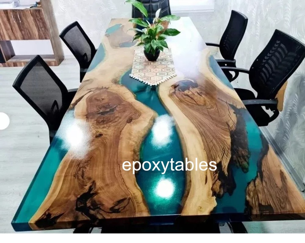 72-Inch Blue Epoxy Resin Live Edge Dining Table with Wooden Base