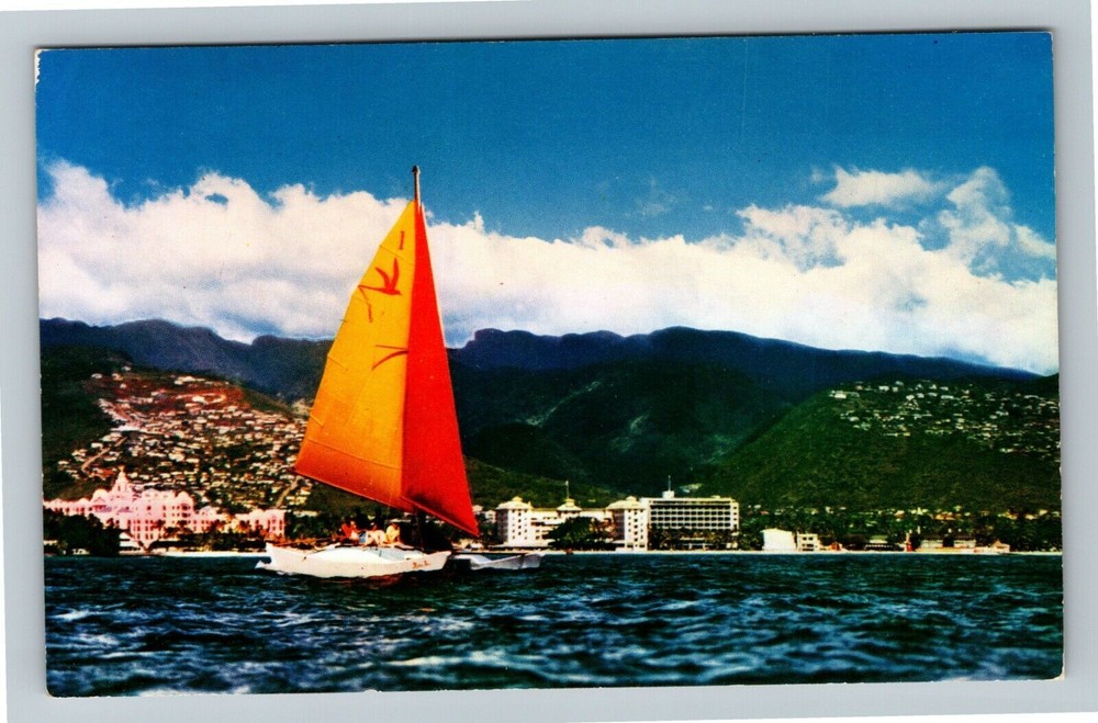 Vintage Catamaran Skims Waikiki Beach Hawaii Postcard