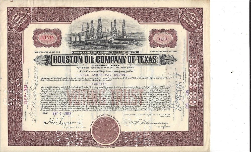 HOUSTON OIL COMPANY OF TEXAS......1938 PREFERRED STOCK VOTING TRUST CERTIFICATE