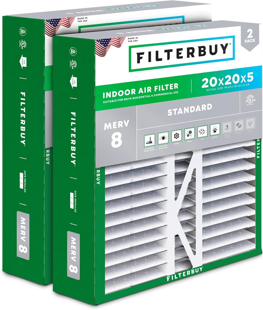 20X20X5 MERV 8 Pleated HVAC Furnace Air Filter 2-Pack for Dust Defense