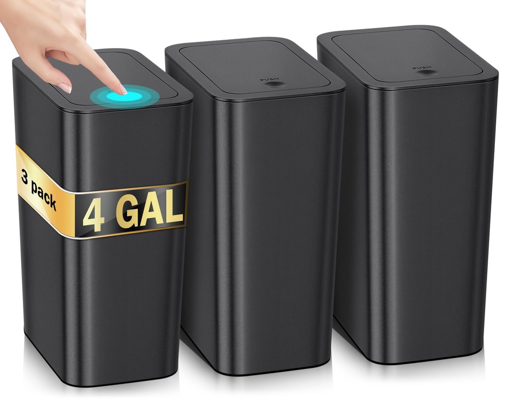 3 Pack 4 Gallon Bathroom Small Trash Can with Lid, 15L Slim Garbage Bin Waste...