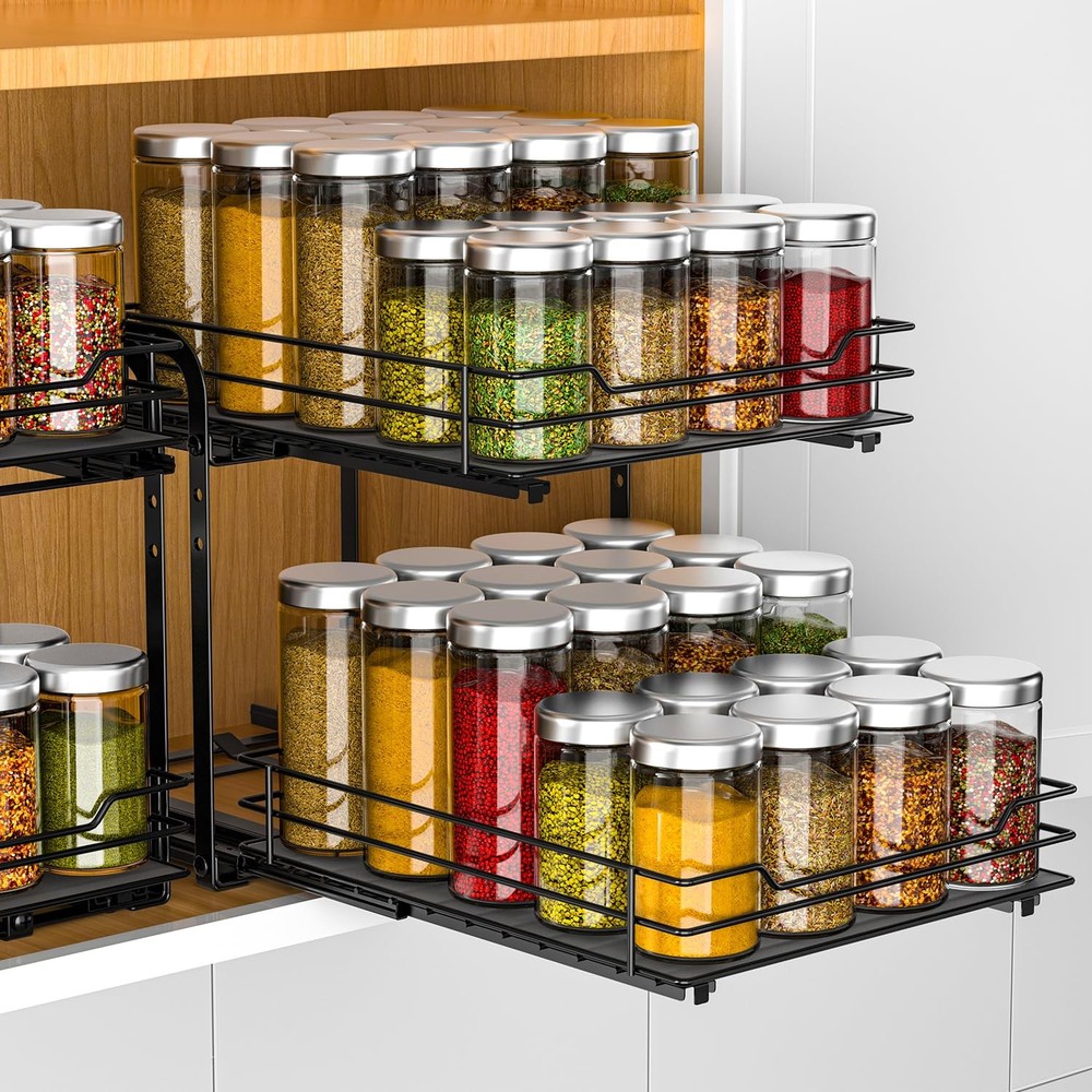 Spice Rack Organizer for Cabinet, 2 Tier Pull Out Spice Racks for Inside Cabi...