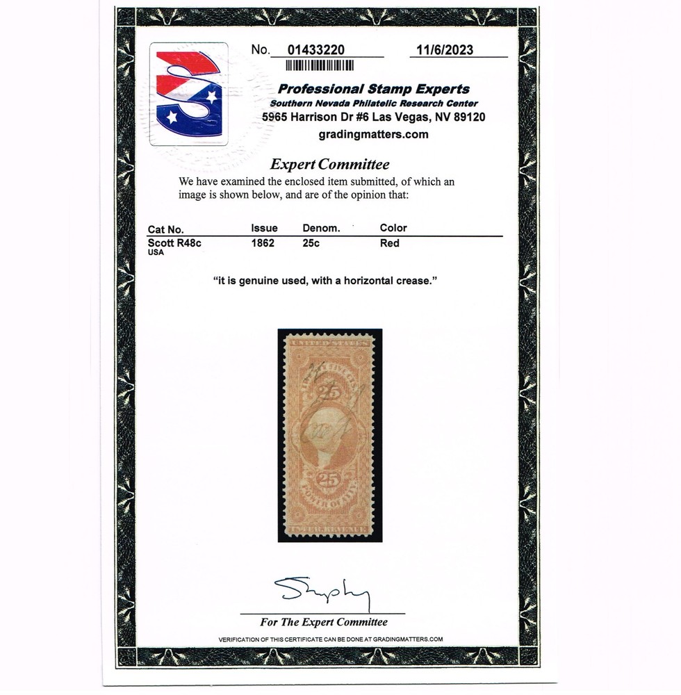 EXCELLENT GENUINE SCOTT #R48c 1862 FIRST ISSUE REVENUE ON OLD PAPER PSE CERT