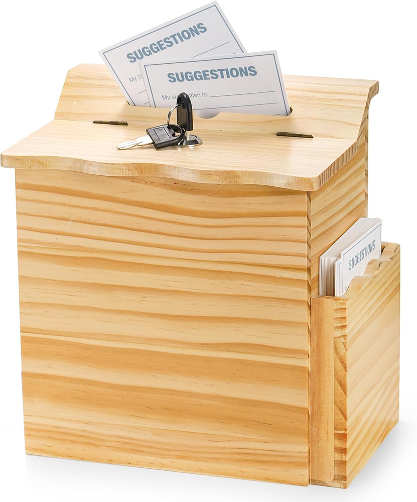 Wooden Suggestion Box with Lock and 50 Free Suggestion Cards, Ballot Box Donatio