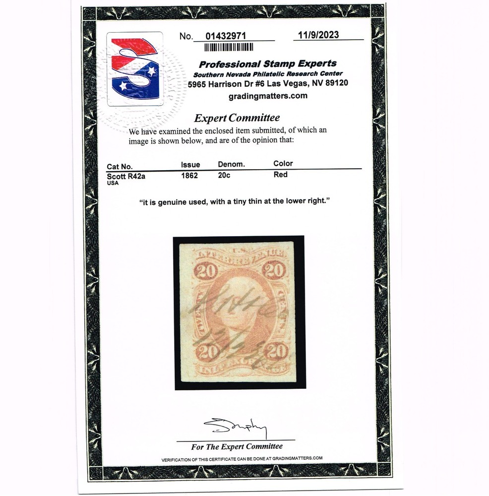 EXCELLENT GENUINE SCOTT #R42a 1862 FIRST ISSUE REVENUE ON OLD PAPER PSE CERT
