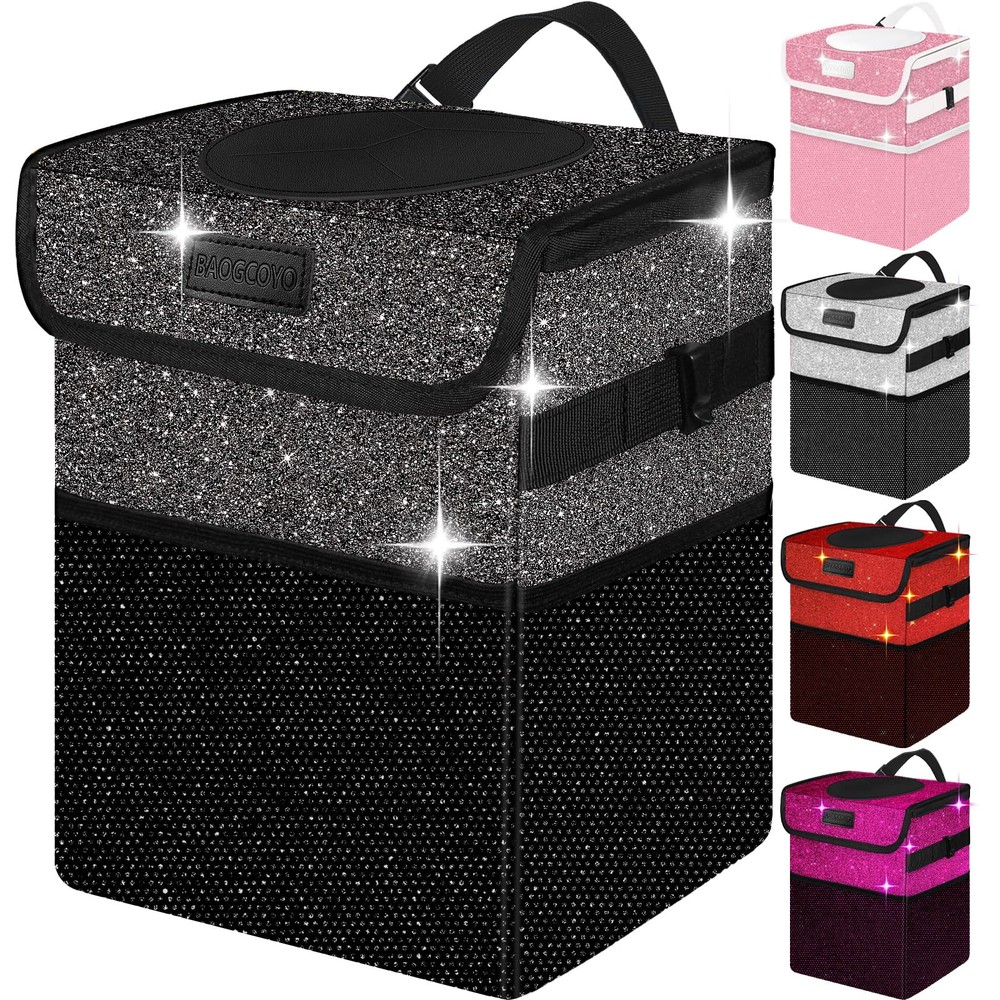 Cute Mini Car Trash Bag with Lid, Glitter Garbage Can Bin Hanging for Back/Fr...