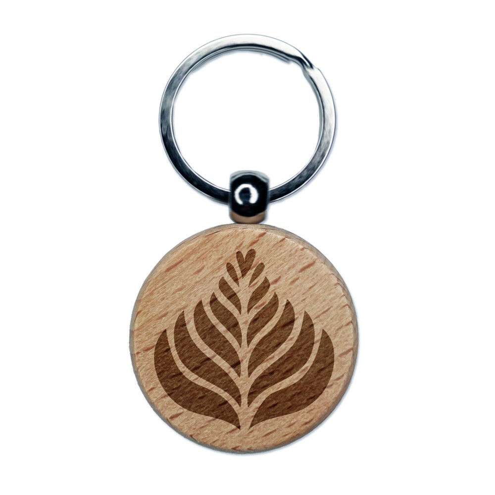 Fern Latte Art Engraved Wood Round Keychain Tag Charm