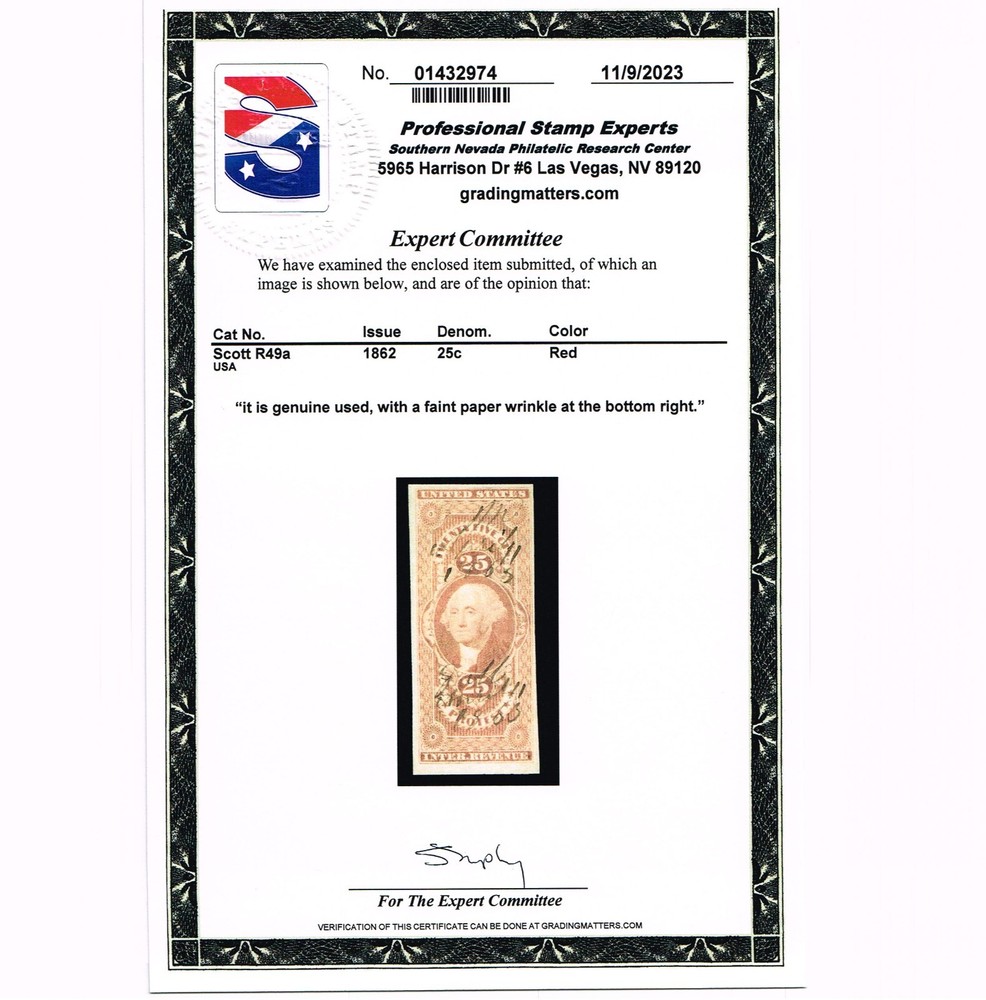 EXCELLENT GENUINE SCOTT #R49a 1862 FIRST ISSUE REVENUE ON OLD PAPER PSE CERT