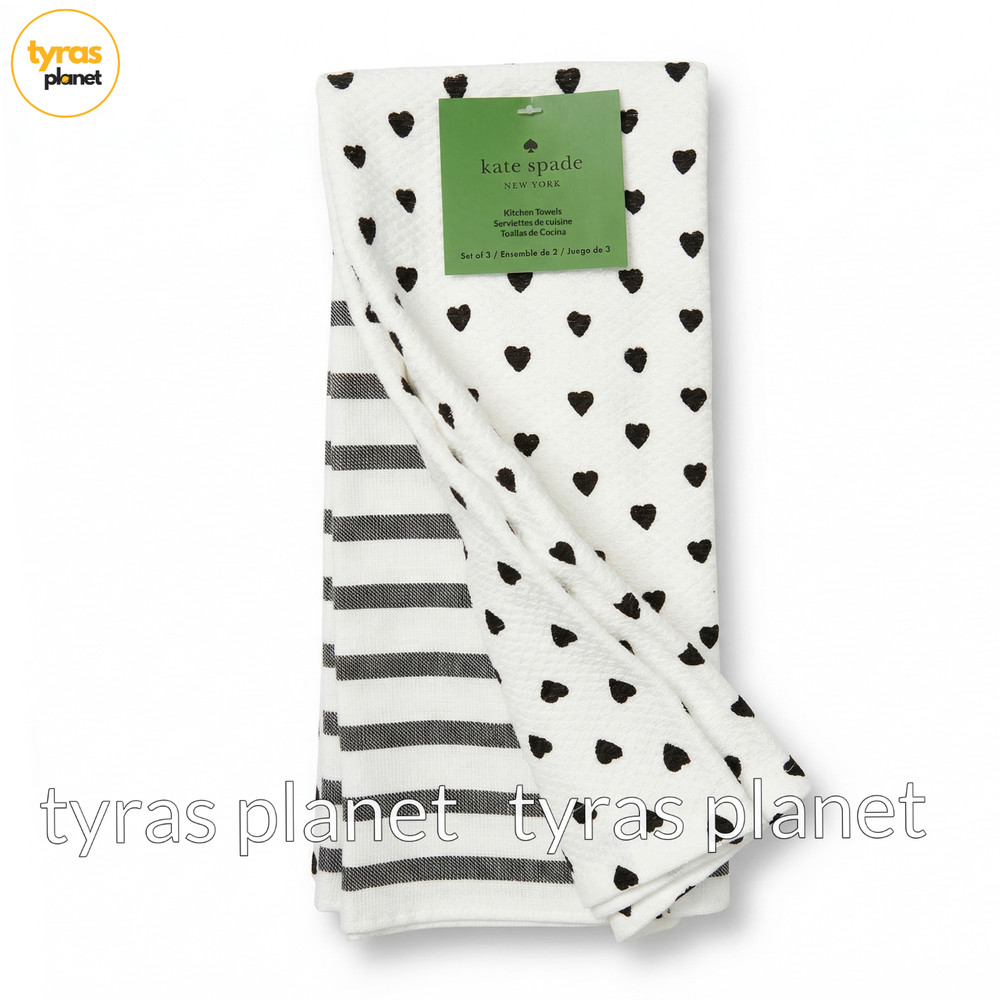 Kate Spade New York Kitchen Towels Set of 3 White Black Hearts & Stripes
