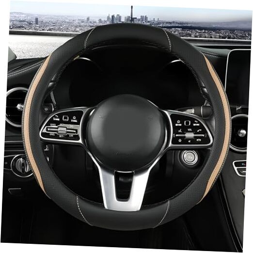 Universal Beige Leather Steering Wheel Cover Fits 14.5-15 Inch Wheels