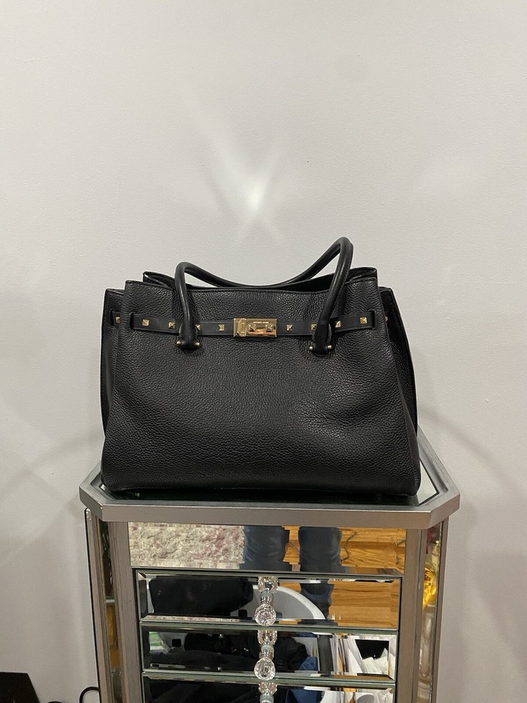 Michael Kors Black Pebble Leather Bag with Gold Studs and Black Interior