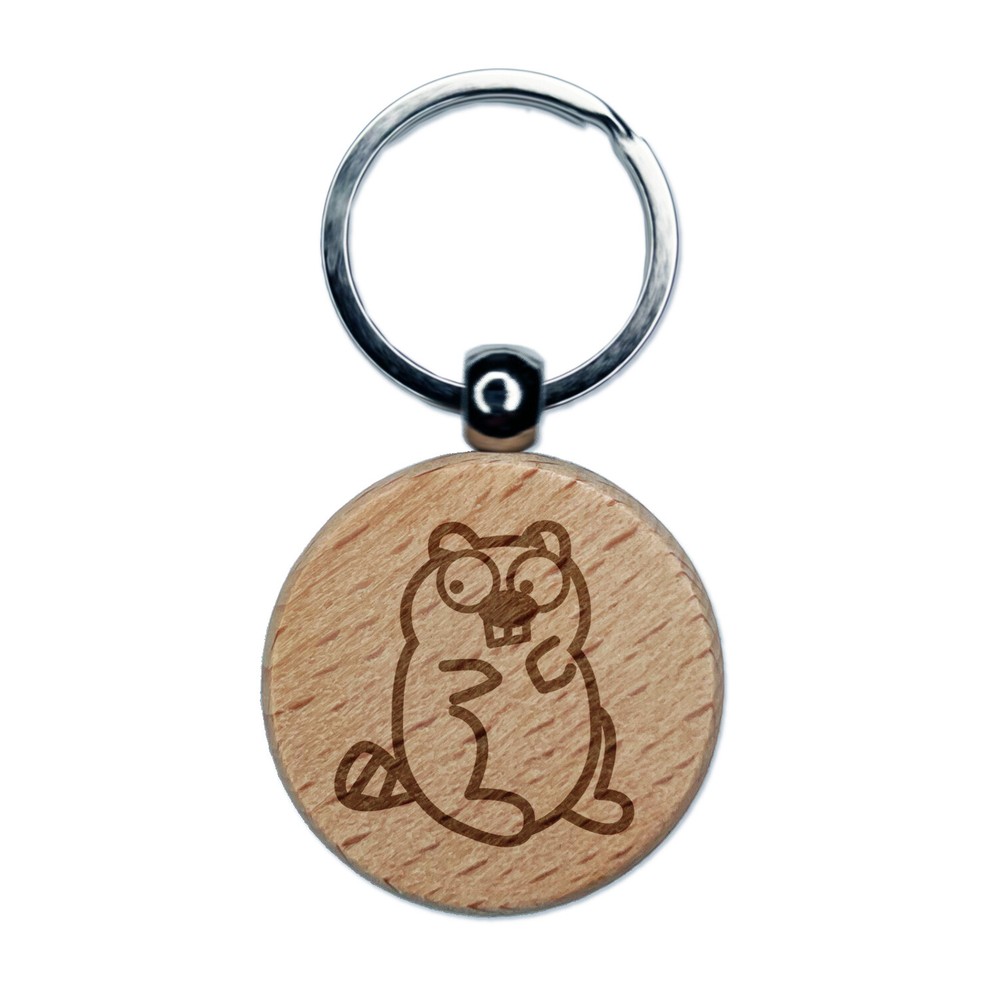Wary Beaver Doodle Engraved Wood Round Keychain Tag Charm